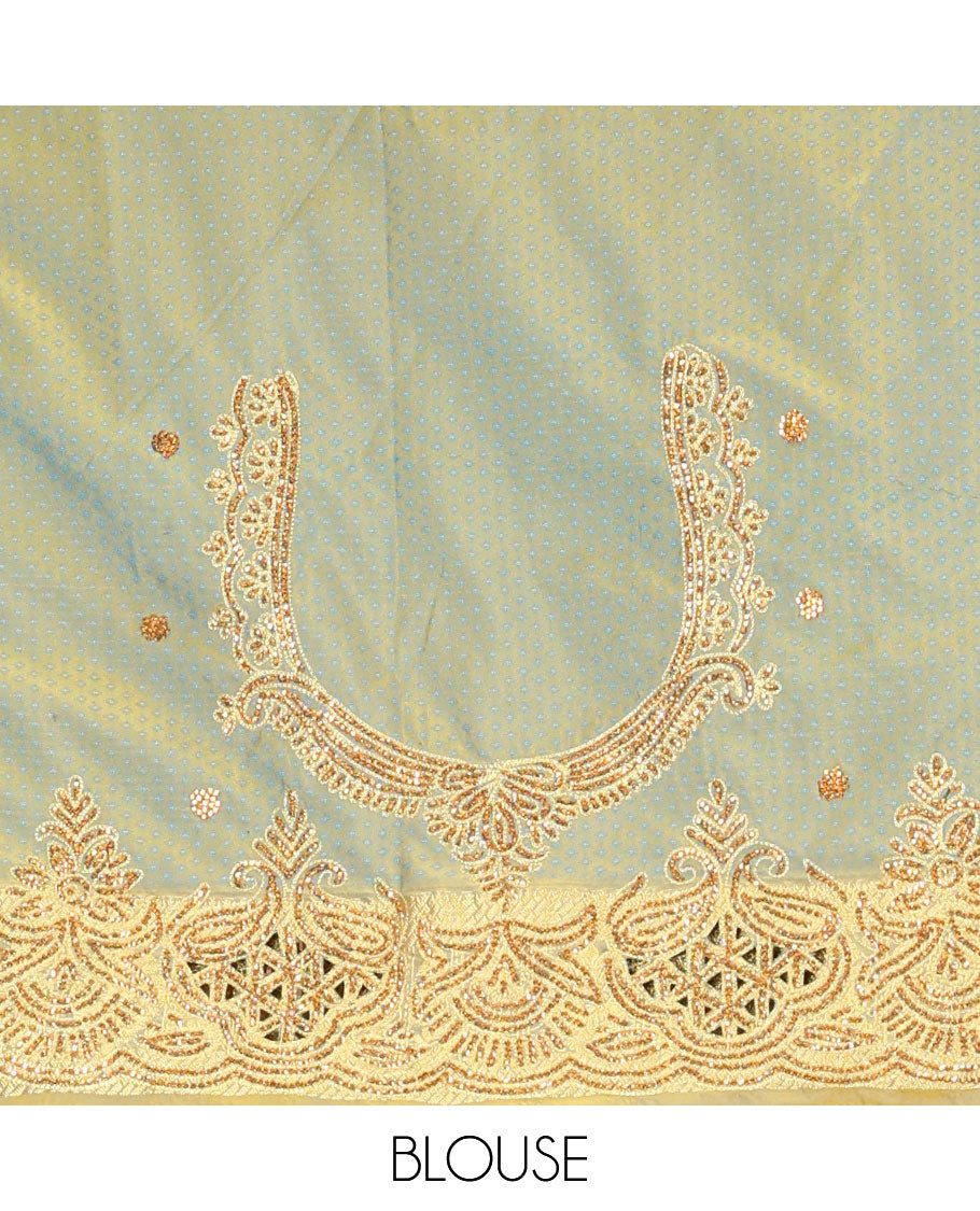 Blue jacquard embroidered silk saree, contrast stone embroidered scallop zari design cut work border & zari woven & stone embroidered pallu