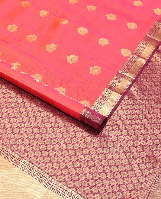 Peach floral buttas vasundhara elite silk saree with contrast zari design border & floral jaal design pallu