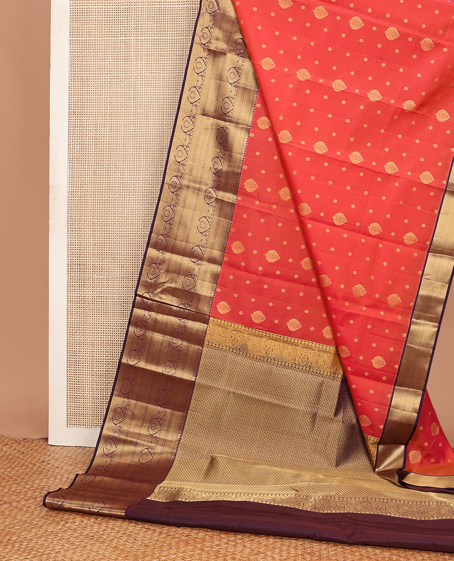 Orange zari buttas Vasundhara silk mix saree, contrast traditional zari border & jaal pallu
