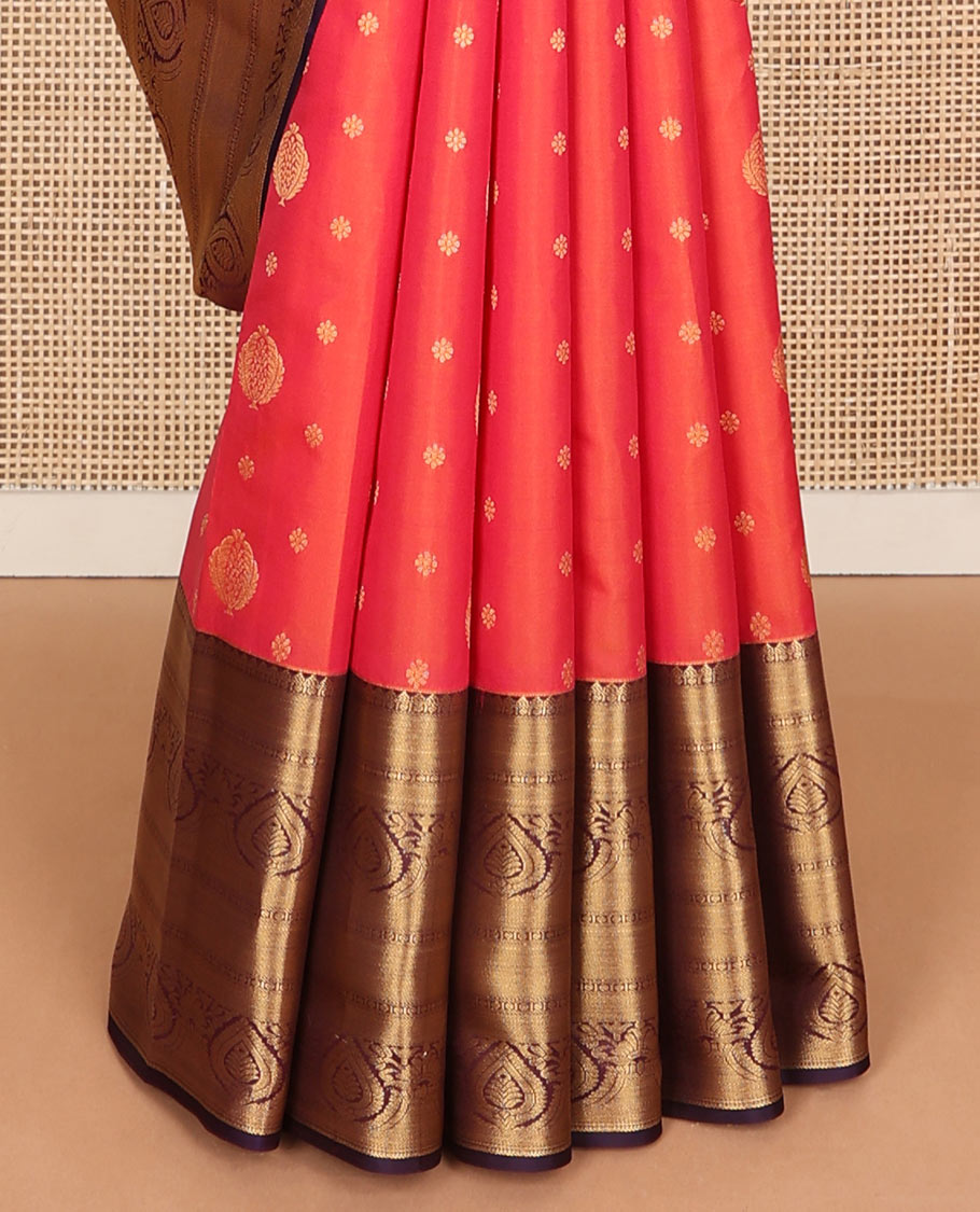 Orange zari buttas Vasundhara silk mix saree, contrast traditional zari border & jaal pallu
