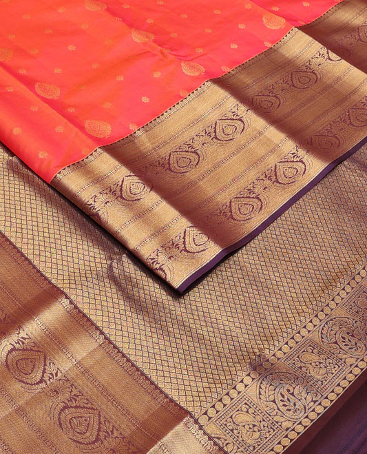 Orange zari buttas Vasundhara silk mix saree, contrast traditional zari border & jaal pallu