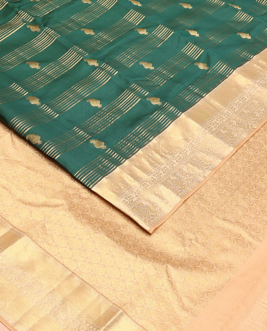 Green zari designs silk saree, contrast paithani-style woven zari border & drop motifs woven pallu