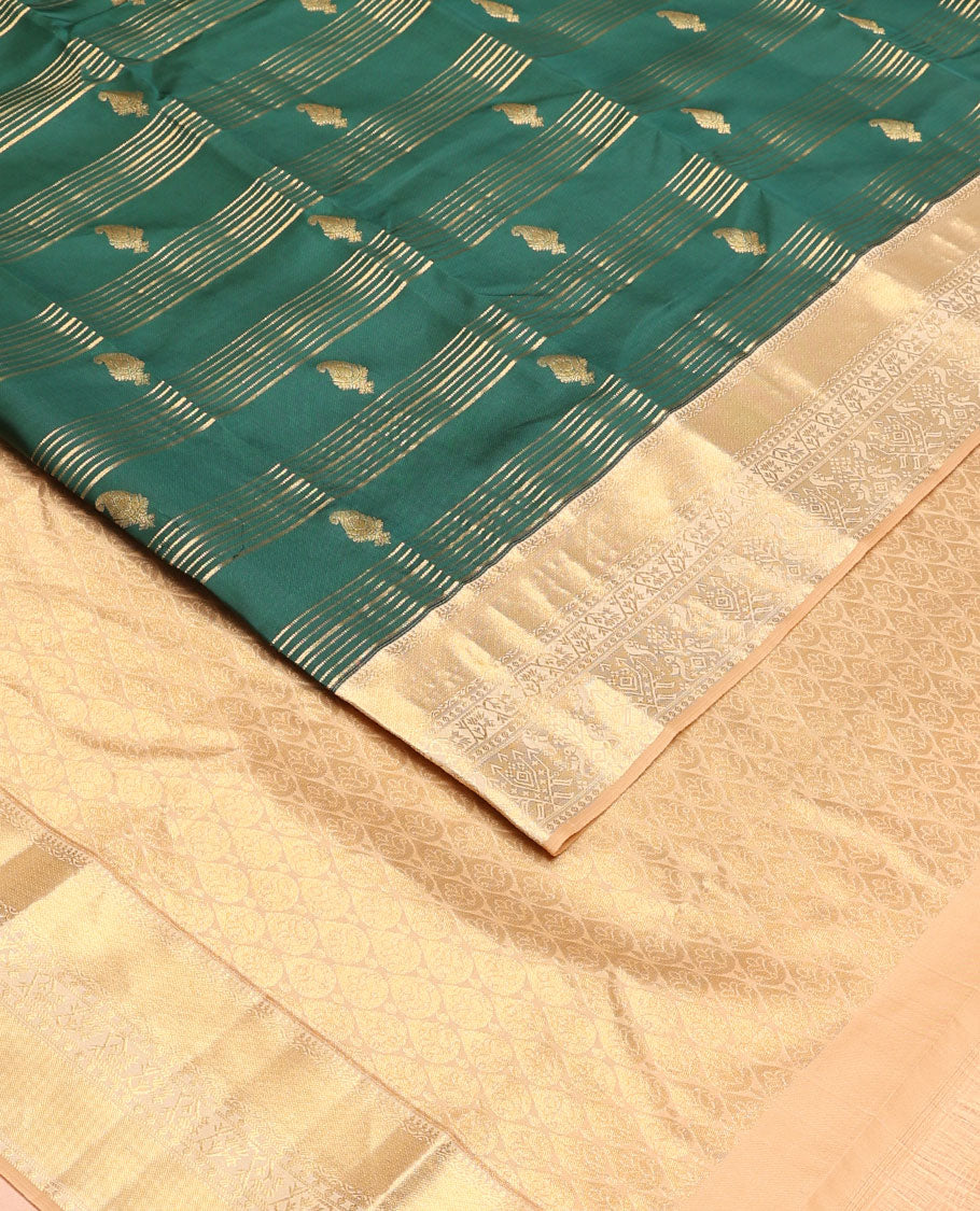 Green zari designs silk saree, contrast paithani-style woven zari border & drop motifs woven pallu