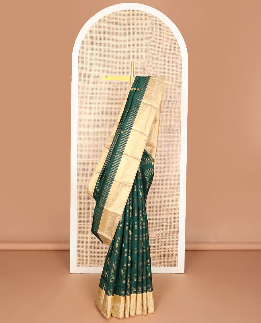Green zari designs silk saree, contrast paithani-style woven zari border & drop motifs woven pallu
