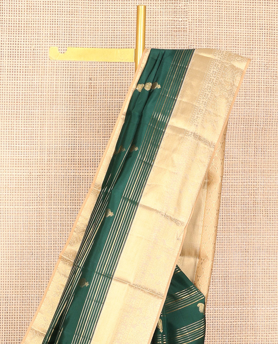 Green zari designs silk saree, contrast paithani-style woven zari border & drop motifs woven pallu