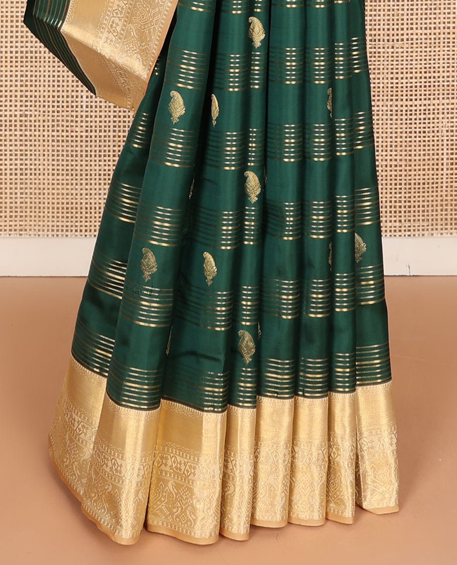 Green zari designs silk saree, contrast paithani-style woven zari border & drop motifs woven pallu