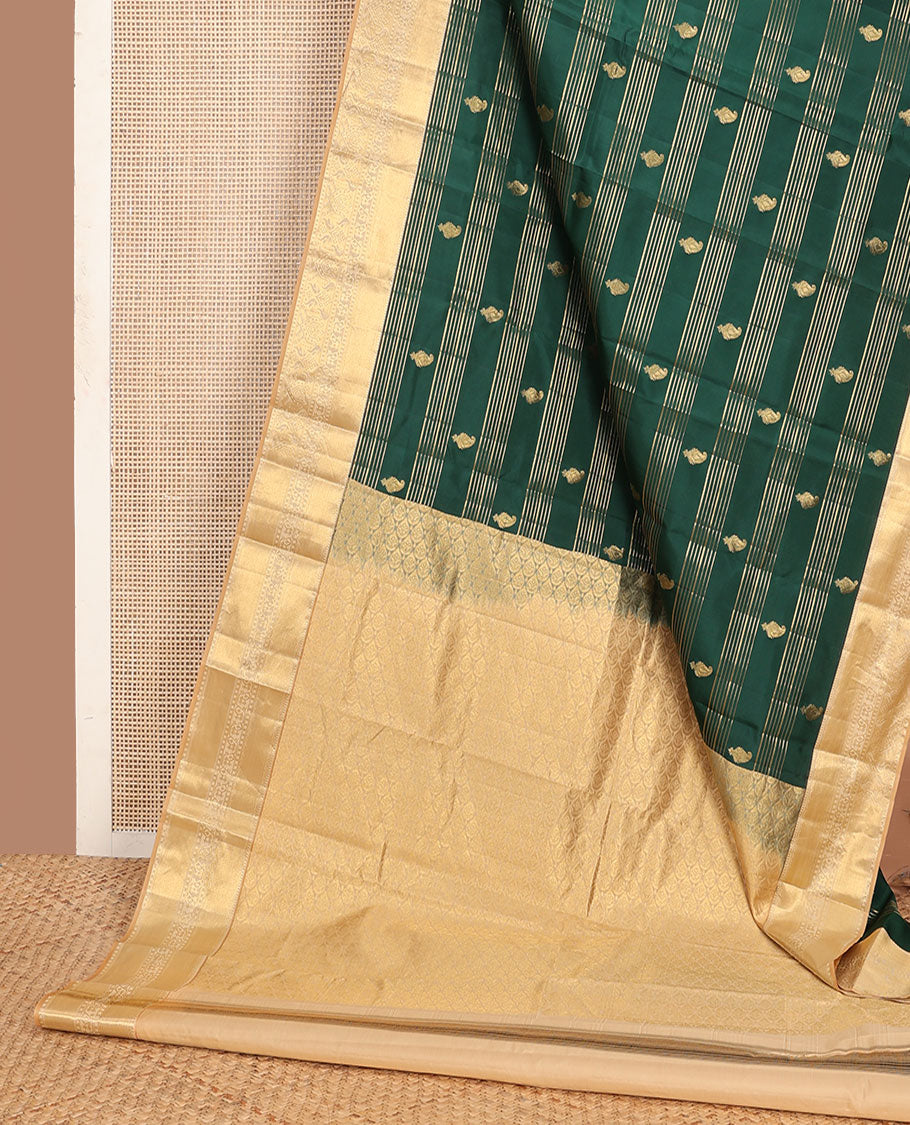 Green zari designs silk saree, contrast paithani-style woven zari border & drop motifs woven pallu