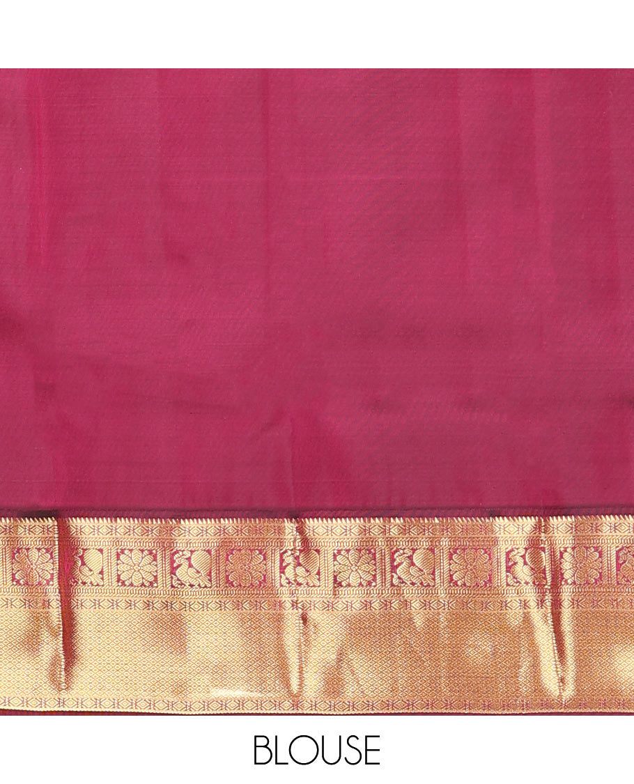 Yellow Vasundhara Lite Silk Mix Saree Dazzled with Zari Buttas, Complemented by a Contrast Border Featuring Rekku, Diamond, Muthu, Mayil, Kamalam, and Mayil Kann Designs, and Zari Elevated Jaal Pallu, and a Contrast Blouse