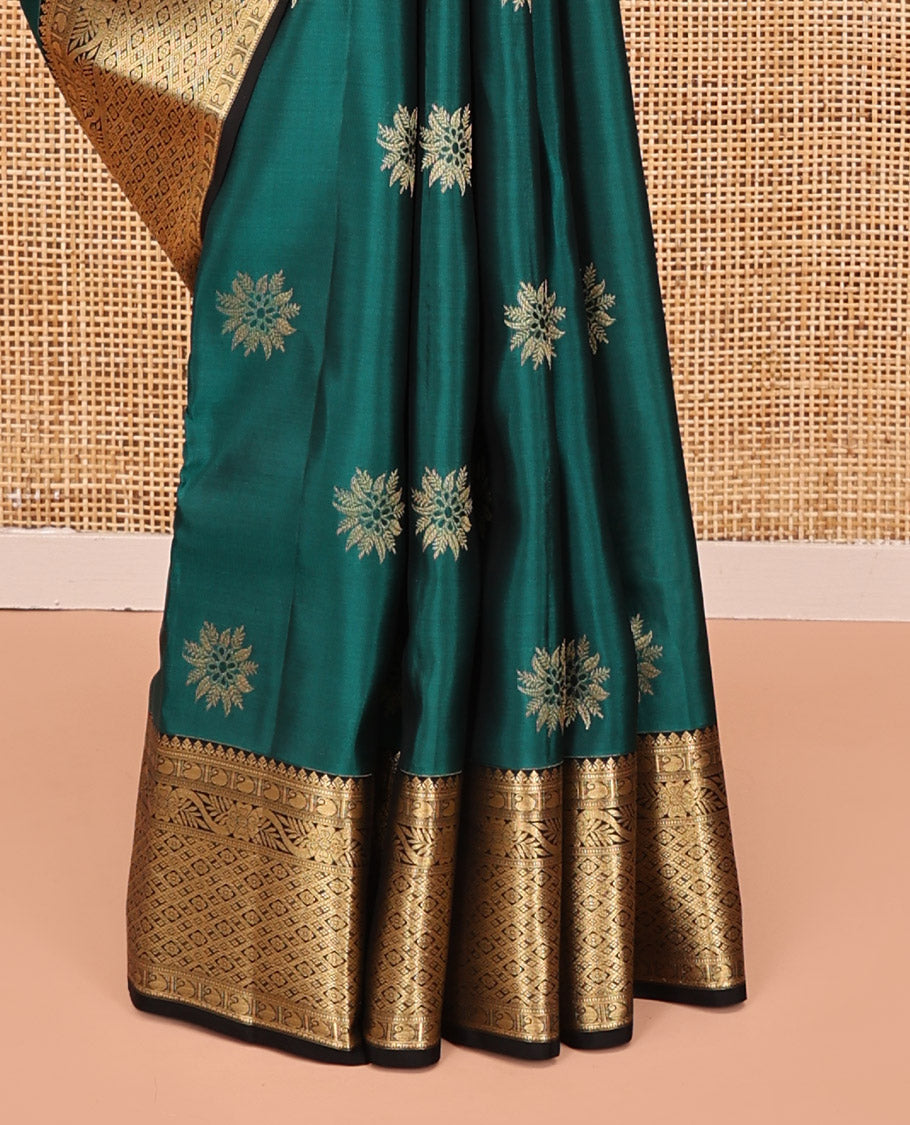 Green Vasundhara Lite Silk Mix Saree, Adorned with Zari Buttas All Over Its Body, Complemented by Contrast Border of Floral and Jaal Designs, Grand Pallu, and Paired with a Contrast Blouse