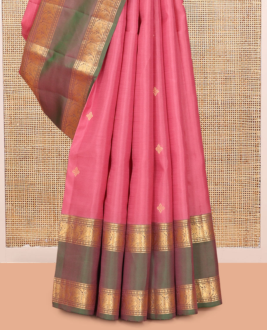 Pink Vasundhara Lite Silk Mix Saree Features Zari Buttas, a Contrast Rettai Pettu Traditional Border of Mayil Designs, Jaal Pallu, and a Contrast Blouse