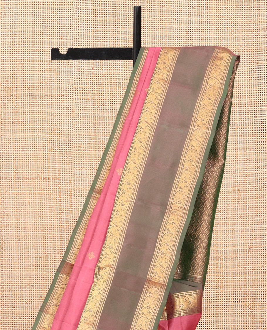 Pink Vasundhara Lite Silk Mix Saree Features Zari Buttas, a Contrast Rettai Pettu Traditional Border of Mayil Designs, Jaal Pallu, and a Contrast Blouse