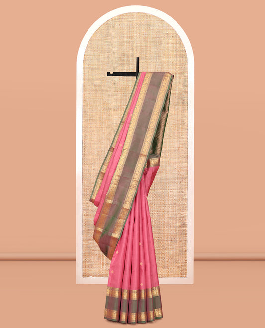 Pink Vasundhara Lite Silk Mix Saree Features Zari Buttas, a Contrast Rettai Pettu Traditional Border of Mayil Designs, Jaal Pallu, and a Contrast Blouse