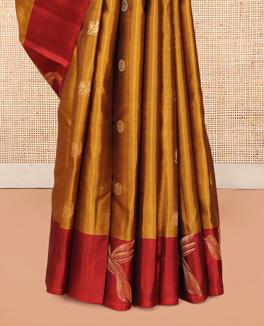 Mustard Mayil-Chakra Buttas Vasundhara Lite Silkmix Saree, a Contrast Bird Border, Jaal Pallu, Contrast Blouse