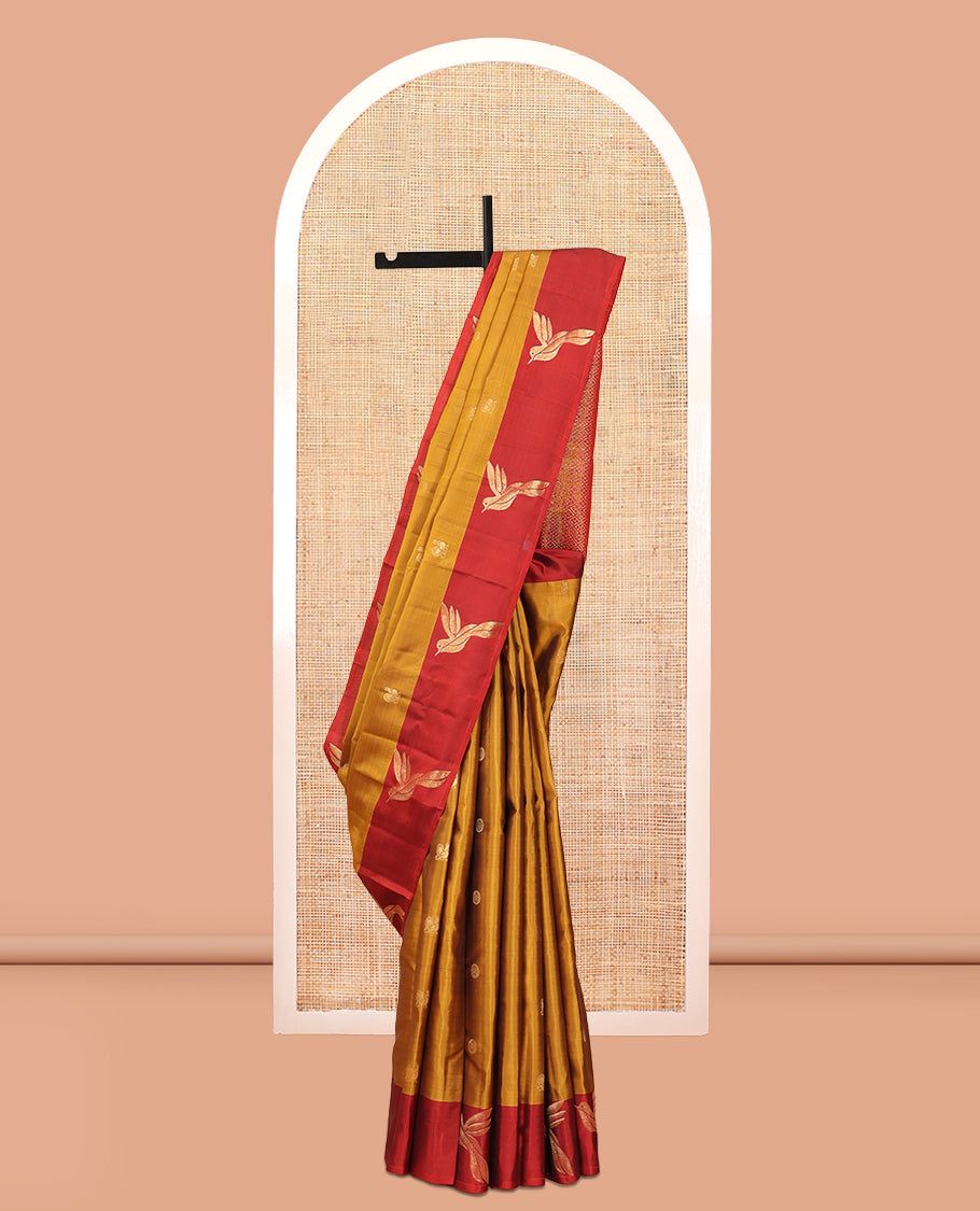 Mustard Mayil-Chakra Buttas Vasundhara Lite Silkmix Saree, a Contrast Bird Border, Jaal Pallu, Contrast Blouse