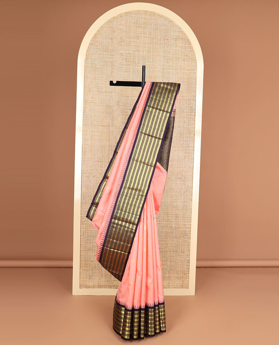 Peach buttas silk saree with contrast border of rekku, thilakam mokku, muthu, kathir design & floral enclosed checked design pallu