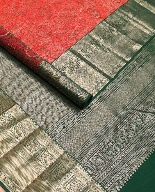 Red jacquard wedding silksaree, contrast jaal pallu & border of thilakam,kathir,bentex, floral & vanki designs
