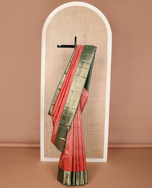 Red jacquard wedding silksaree, contrast jaal pallu & border of thilakam,kathir,bentex, floral & vanki designs