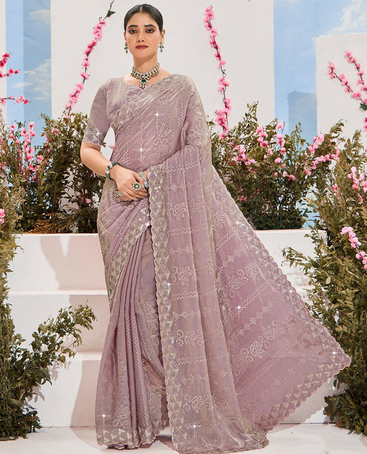 Lavender floral creeper stone embroidered designer saree, scallop border, and embroidered pallu