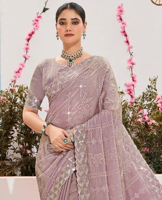 Lavender floral creeper stone embroidered designer saree, scallop border, and embroidered pallu