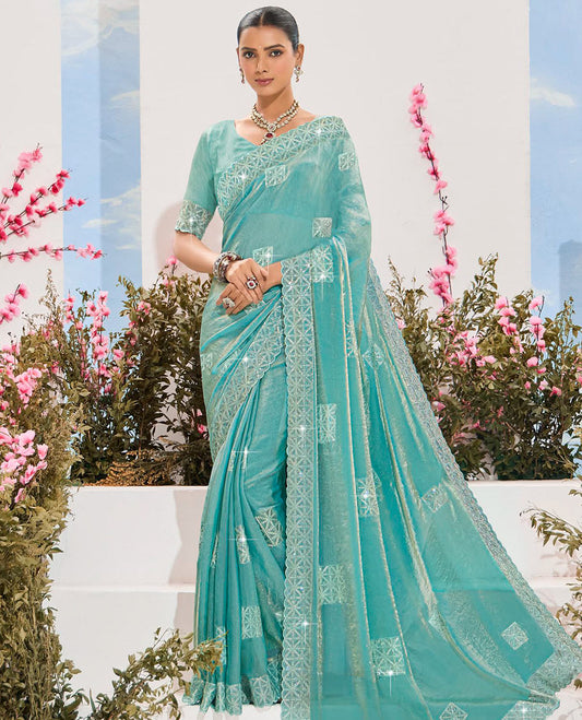 Turquoise stone embroidered designer saree, scallop border, and embroidered pallu