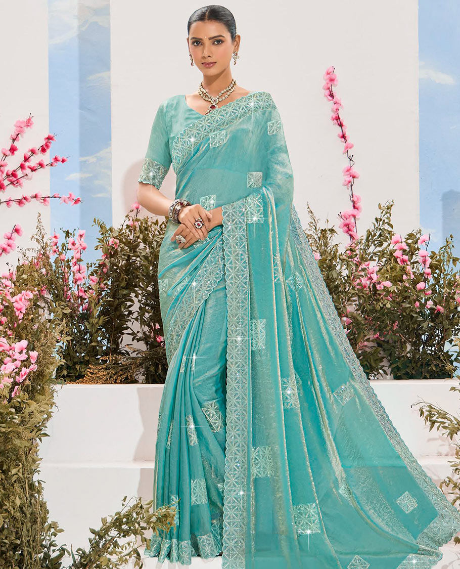 Turquoise stone embroidered designer saree, scallop border, and embroidered pallu