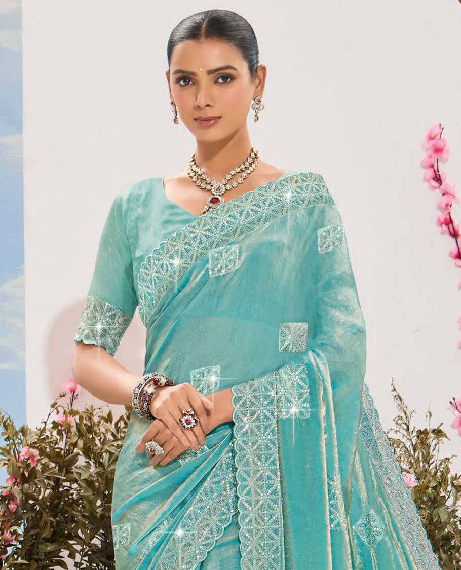 Turquoise stone embroidered designer saree, scallop border, and embroidered pallu