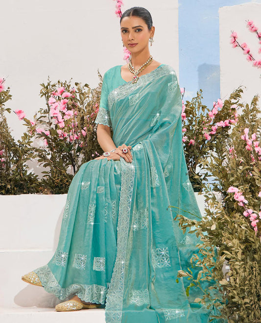 Turquoise stone embroidered designer saree, scallop border, and embroidered pallu