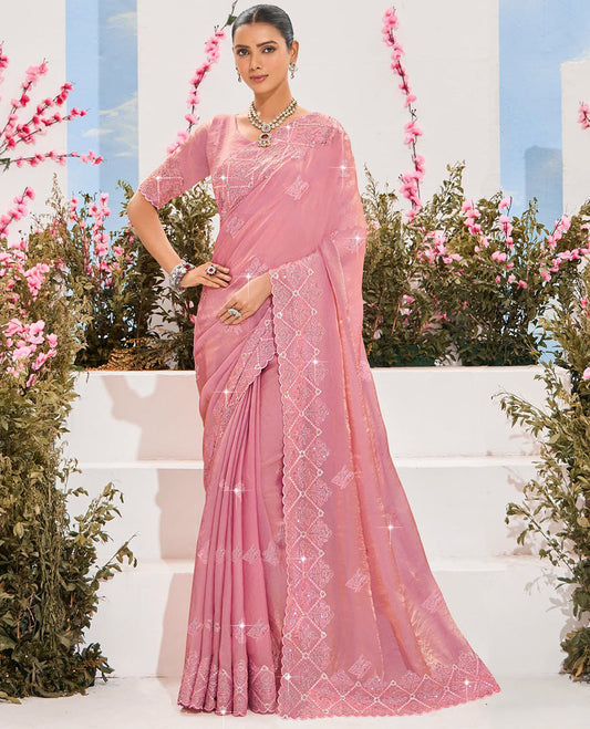 Pink stone embroidered designer saree, scallop border, and embroidered pallu