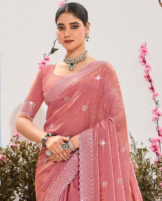 Pink stone embroidered designer saree, scallop border, and embroidered pallu