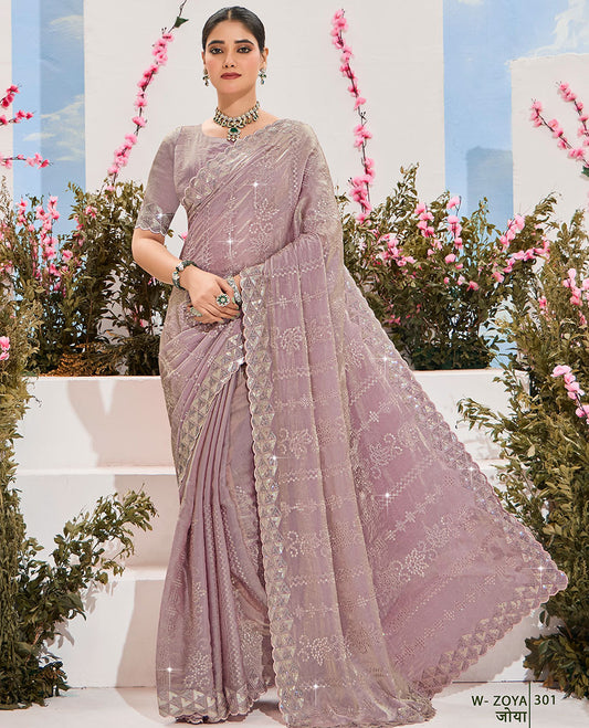 Onion pink sequins embroidered organza designer saree, scallop embroidered border & embroidered pallu