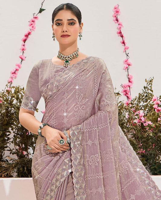 Onion pink sequins embroidered organza designer saree, scallop embroidered border & embroidered pallu