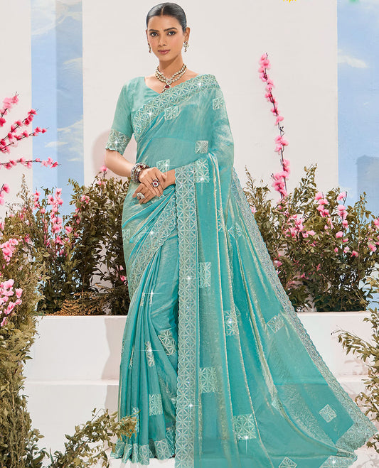 Blue sequins embroidered organza designer saree, scallop embroidered border & embroidered pallu