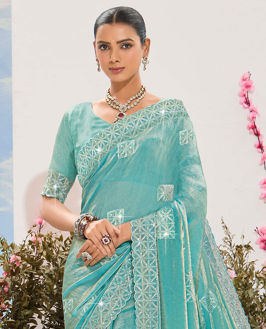 Blue sequins embroidered organza designer saree, scallop embroidered border & embroidered pallu