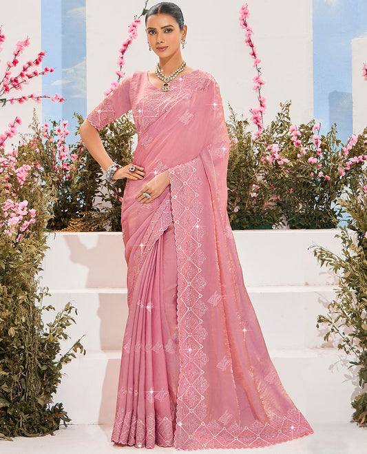 Pink micro-stone embroidered organza designer saree, scallop embroidered border & embroidered pallu
