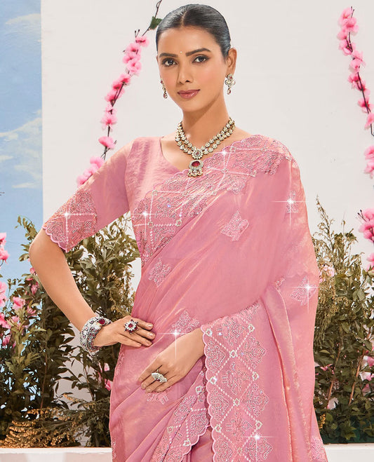 Pink micro-stone embroidered organza designer saree, scallop embroidered border & embroidered pallu