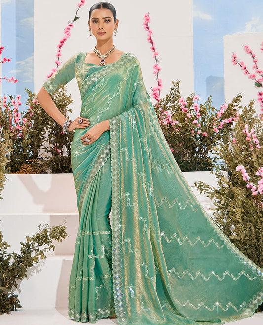 Green diagonal floral-style embroidered organza designer saree, scallop embroidered border & embroidered pallu