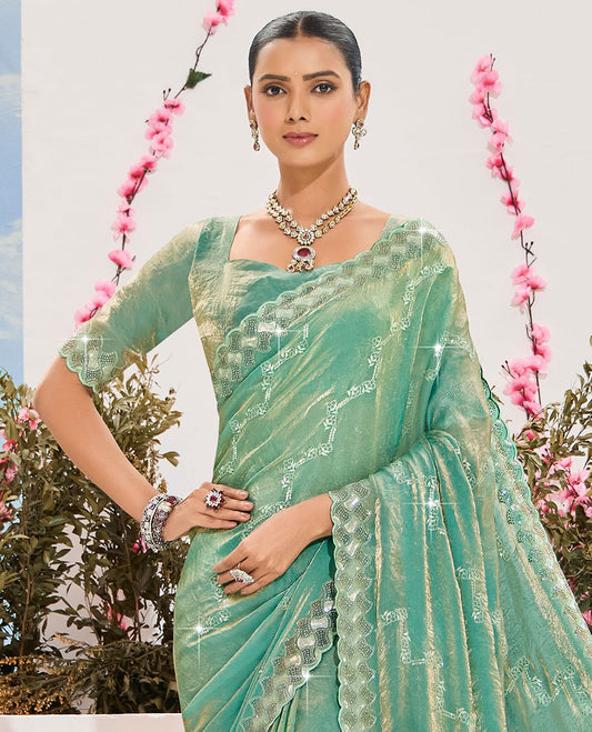Green diagonal floral-style embroidered organza designer saree, scallop embroidered border & embroidered pallu