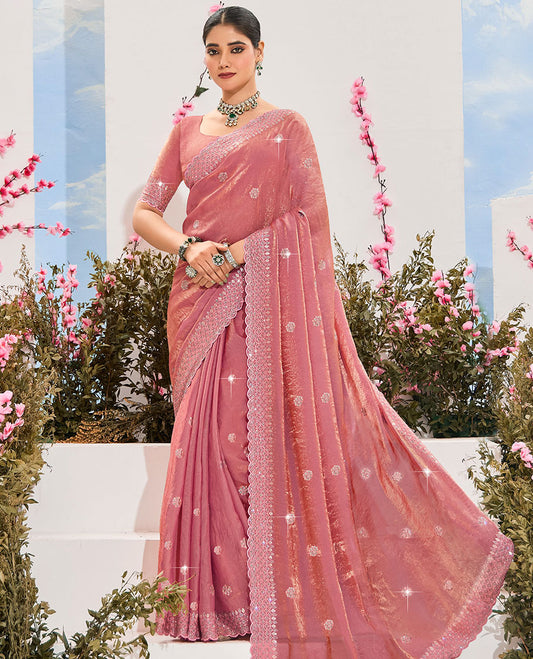 Pink embroidered organza designer saree, scallop embroidered border & embroidered pallu