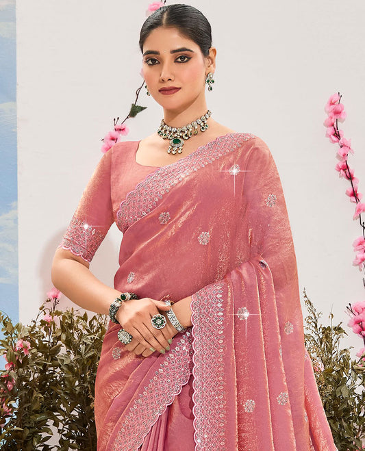Pink embroidered organza designer saree, scallop embroidered border & embroidered pallu