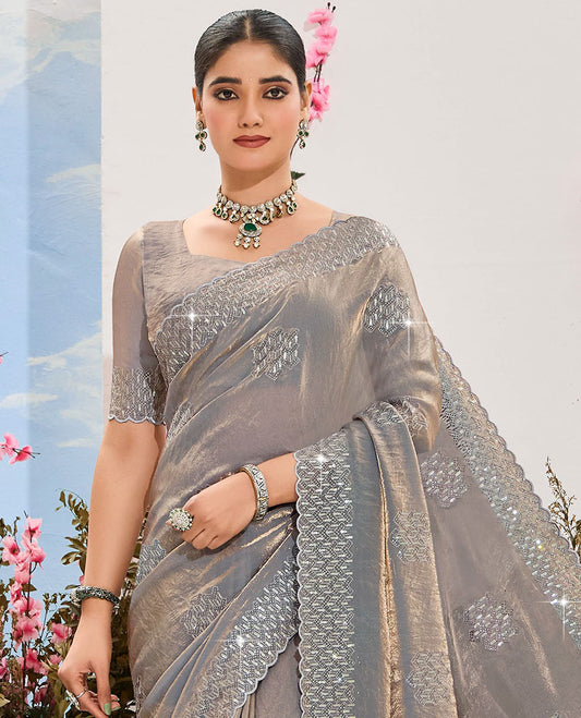Grey sequins embroidered organza designer saree, scallop embroidered border & embroidered pallu