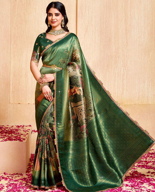 Green human motifs printed fancy soft saree, contrast patch embroidery border, jaal stone work pallu, & embroidered belt