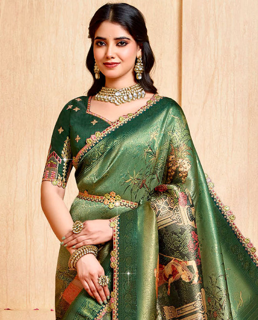 Green human motifs printed fancy soft saree, contrast patch embroidery border, jaal stone work pallu, & embroidered belt