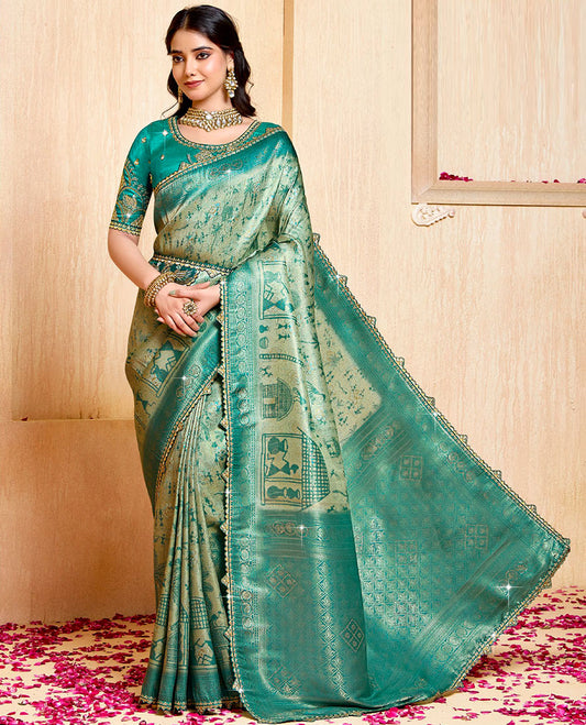 Green warli printed fancy soft saree, contrast patch embroidery border, jaal stone work pallu, & embroidered belt
