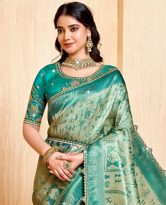 Green warli printed fancy soft saree, contrast patch embroidery border, jaal stone work pallu, & embroidered belt