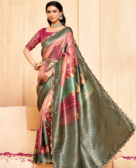 Pink floral printed fancy soft saree, contrast patch embroidery border, jaal stone work pallu, & embroidered belt