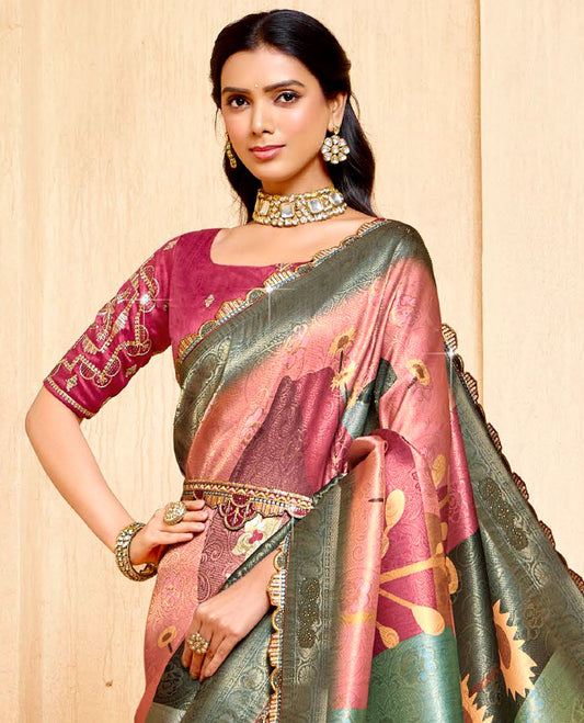 Pink floral printed fancy soft saree, contrast patch embroidery border, jaal stone work pallu, & embroidered belt