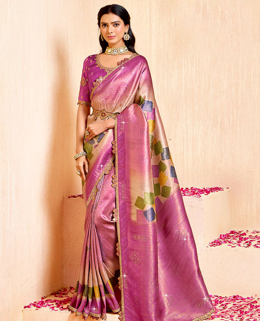 Pink floral design & geometric print fancy soft saree, contrast patch embroidered border, jaal stone work pallu  & embroidered belt