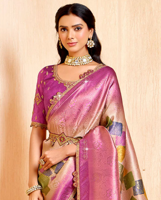 Pink floral design & geometric print fancy soft saree, contrast patch embroidered border, jaal stone work pallu  & embroidered belt