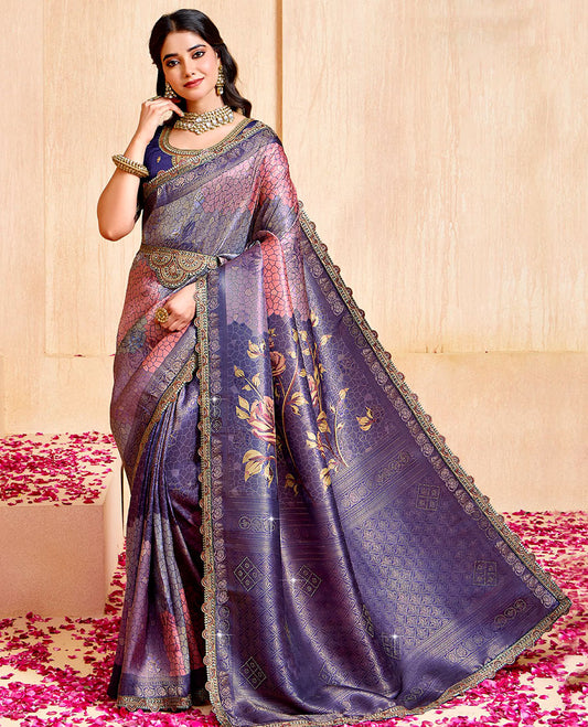 Blue floral-geometric printed fancy soft saree, contrast patch embroidery border, jaal stone work pallu, & embroidered belt