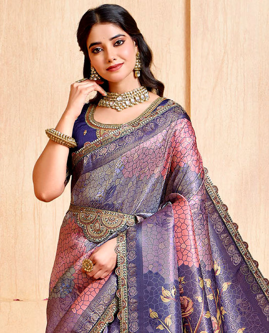 Blue floral-geometric printed fancy soft saree, contrast patch embroidery border, jaal stone work pallu, & embroidered belt